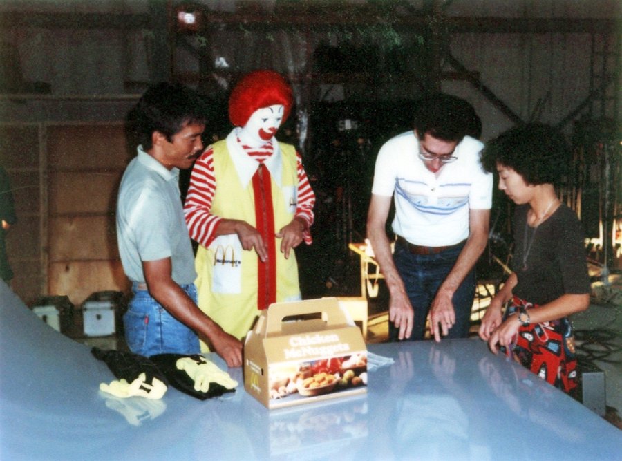 Allan rehearsing a Japanese McDonald's commercial with a Ronald McDonald performer and crew