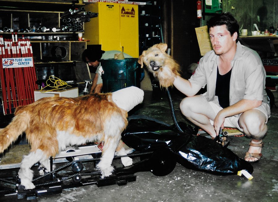 Bill Barretta with the animatronic dog Lucky